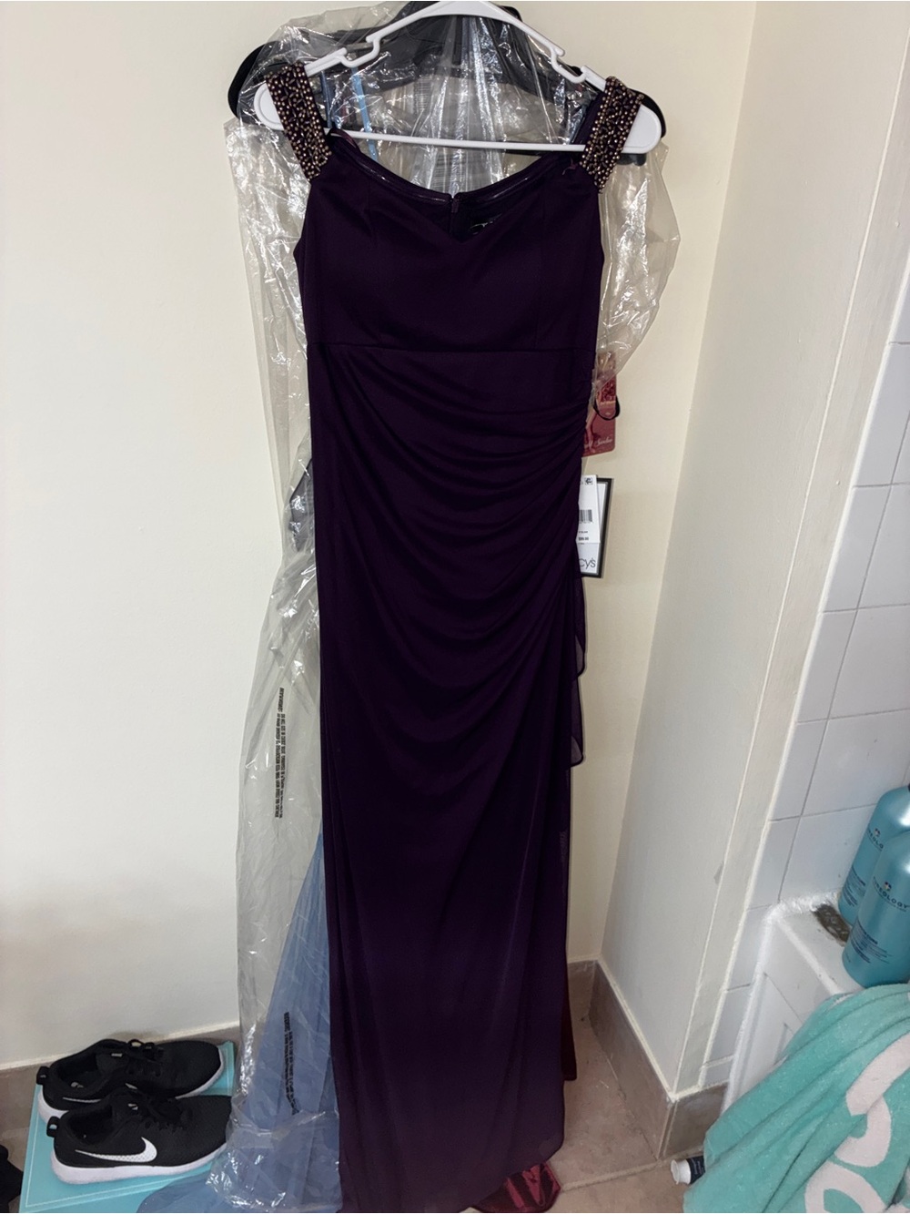 Betsy & Adam Elegant plum Purple Evening Gown with Embellished Straps